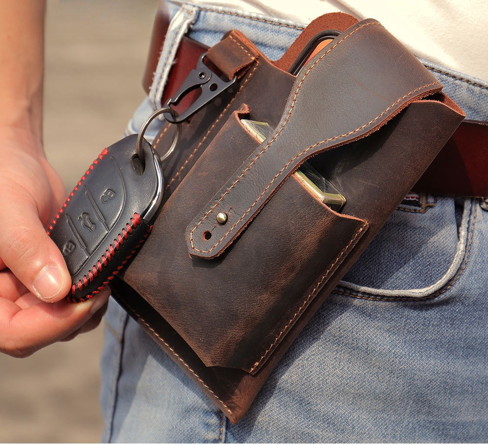 Crazy Horse Leather Phone Hols - Edc Carry Bag For Men ulasan dan harga